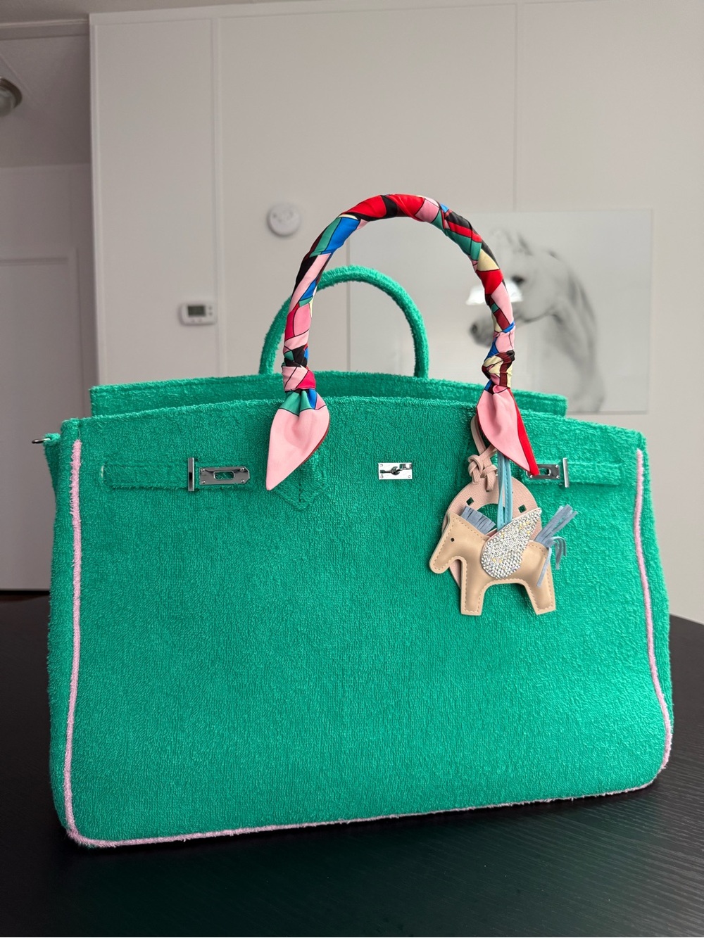 45 cm Terry Cloth Boatkin beach bag. Green pink large tote w/charms weekender.